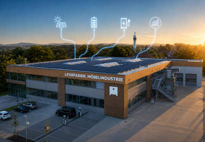 Hallenbau mit Energieinfrastruktursymbolen: Batteriespeicher, Ladesäulen, Photovoltaik