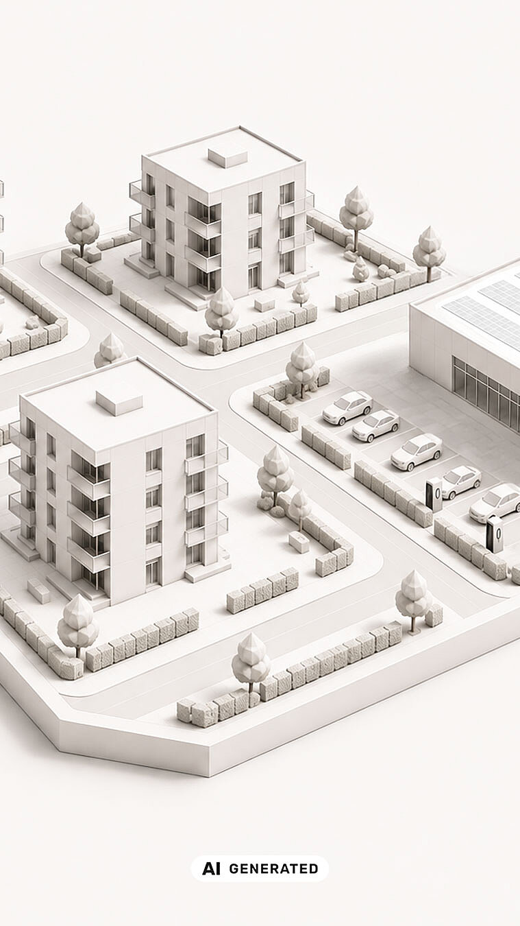 Mehr zum Thema Wohnungsbau 3D-Visualisierung von Wohngebäuden mit Balkonen sowie Gewerbehalle, Stellplätzen und Außenanlagen